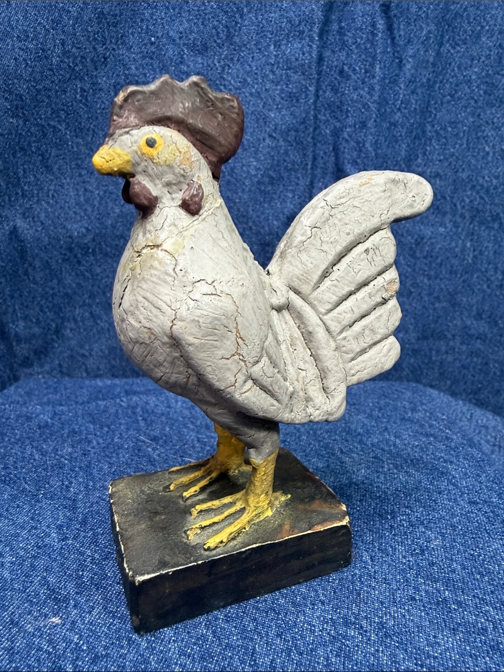 Handcrafted Gray Rooster Figurine with Yellow Accents